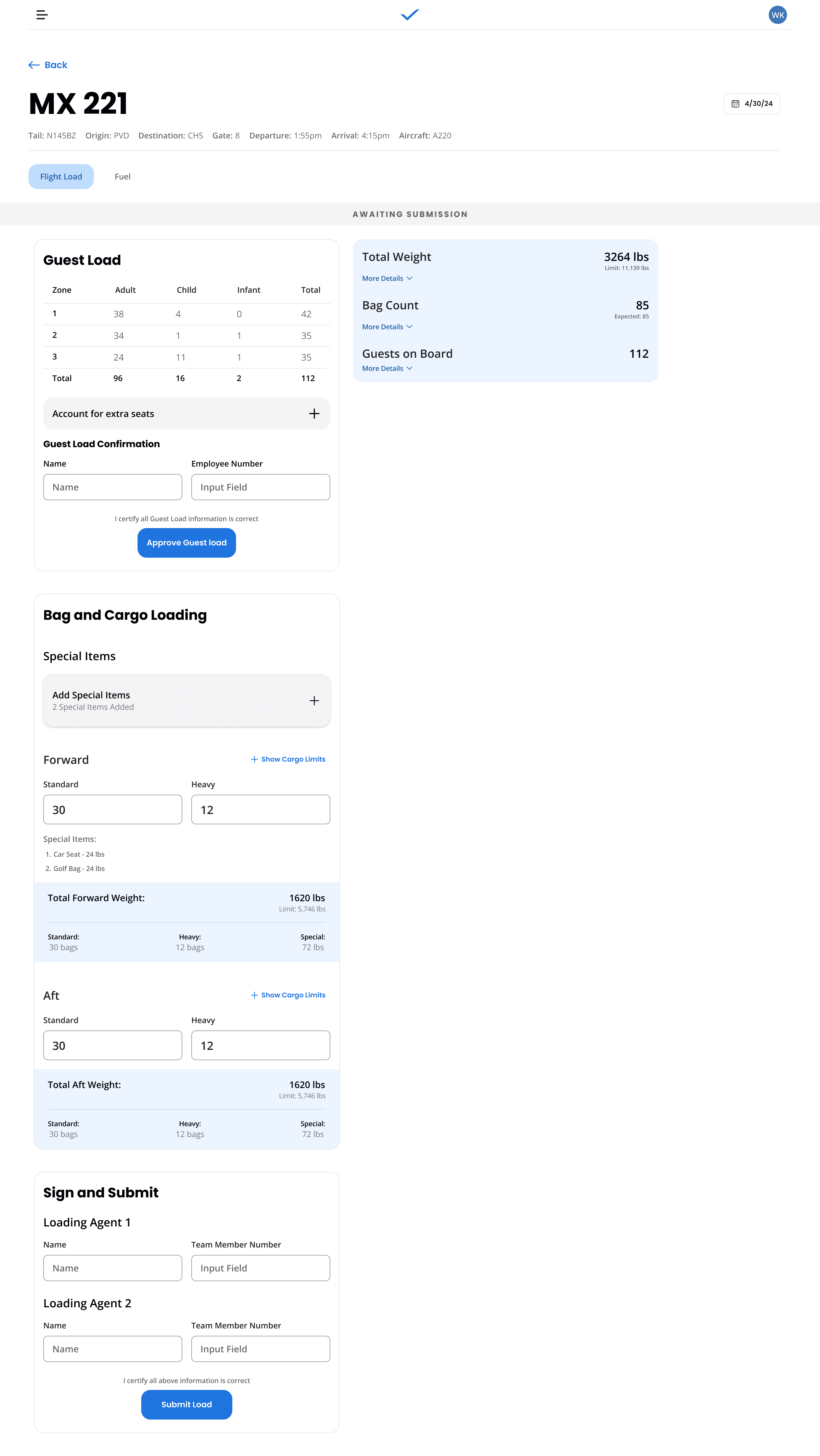 Version 1 of the digital load sheet