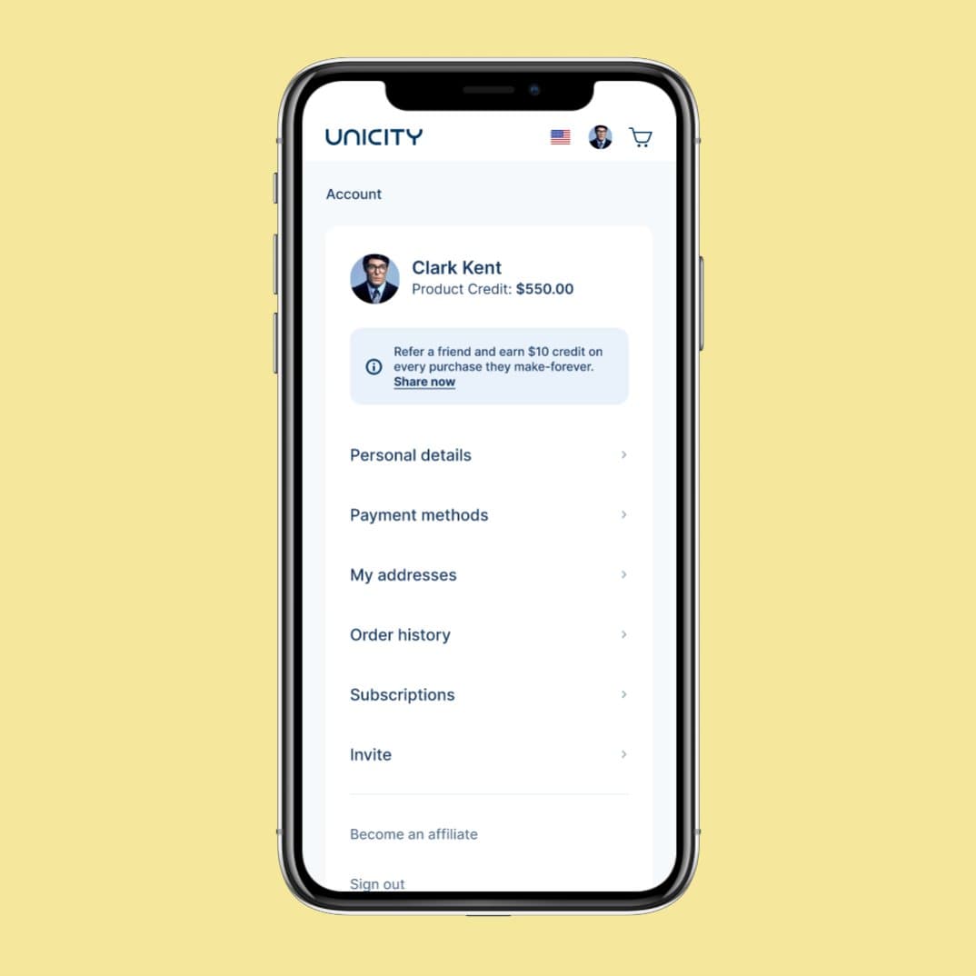 Account page with personal details, payment methods, and subscriptions