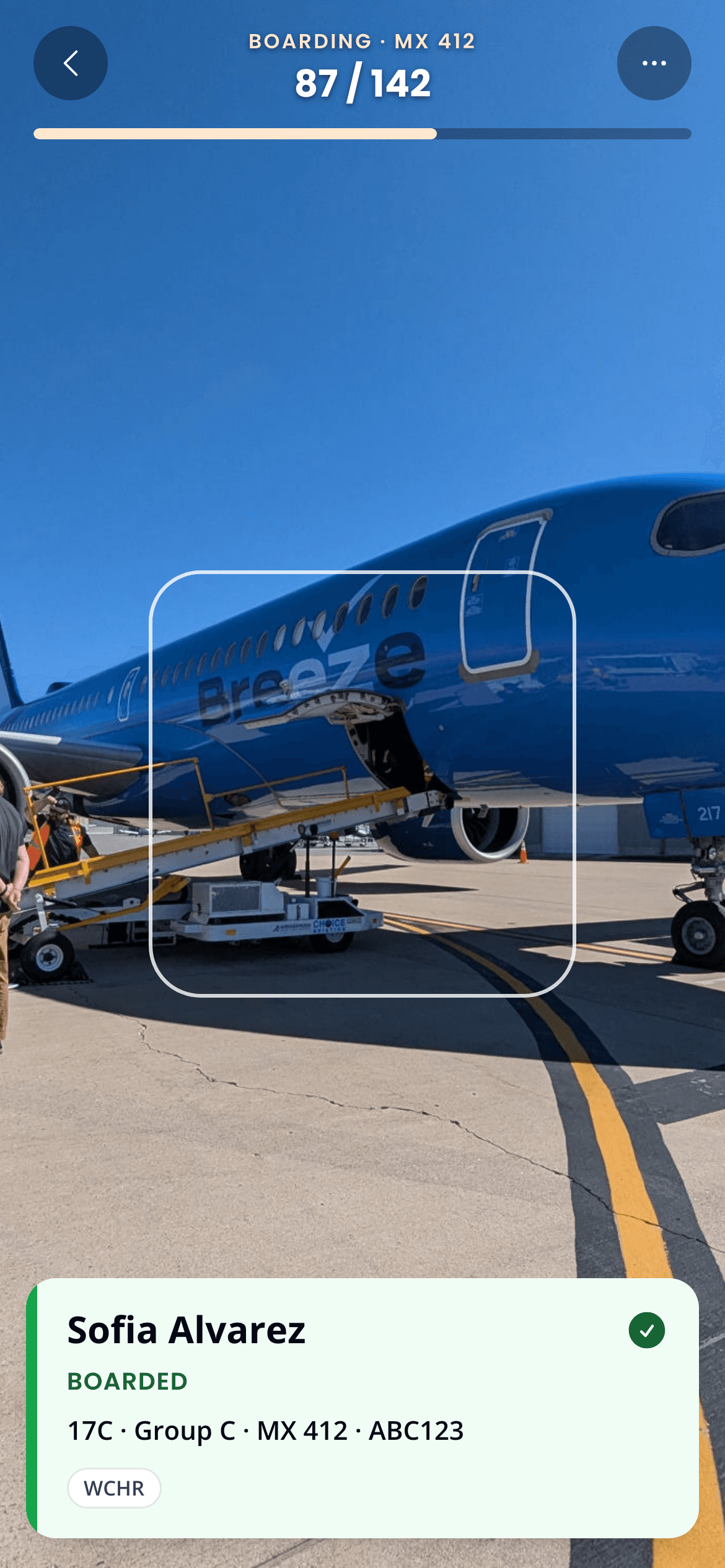 A clean scan: guest boarded, with a wheelchair service pill