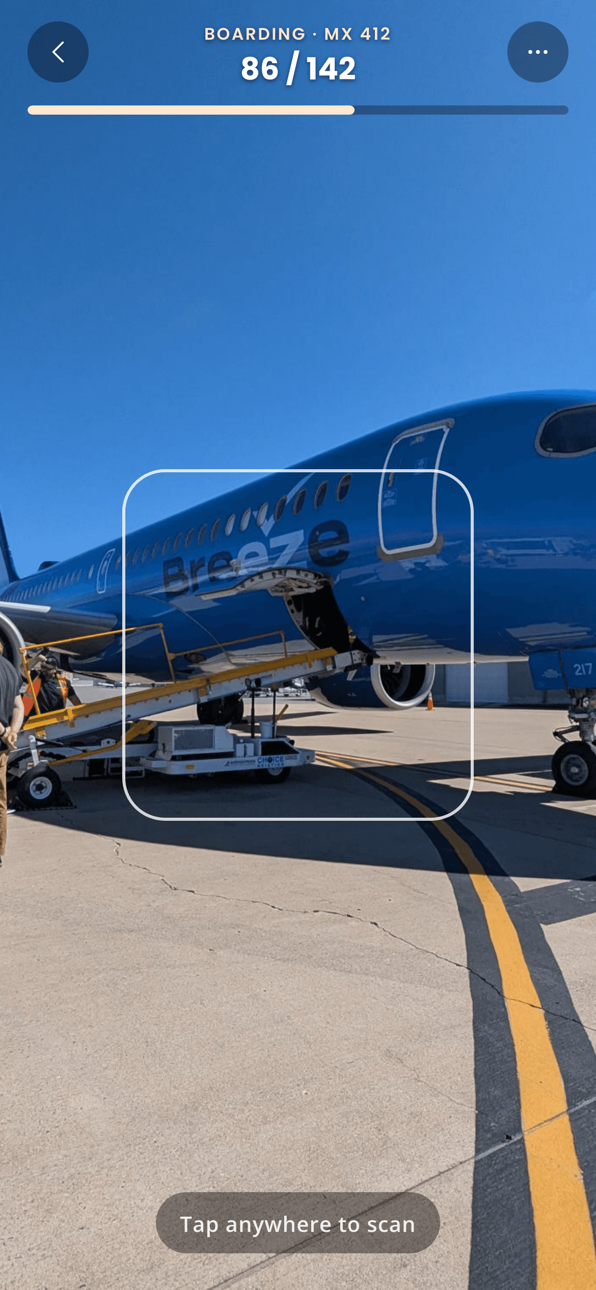 The boarding scanner in its ready state, tap anywhere to scan