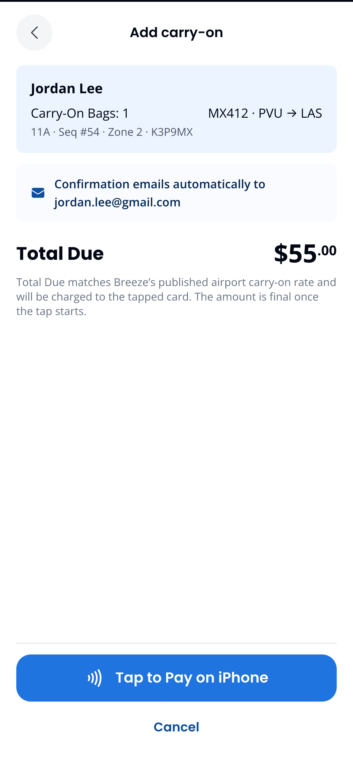 Payment confirm screen: guest, bag, and total due before the tap