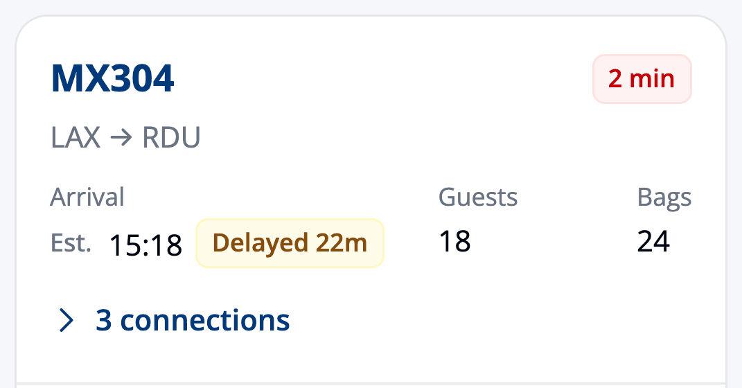 A single flight card at phone width: flight number, risk chip, route, arrival with delay, guest and bag counts, and an expandable connections row